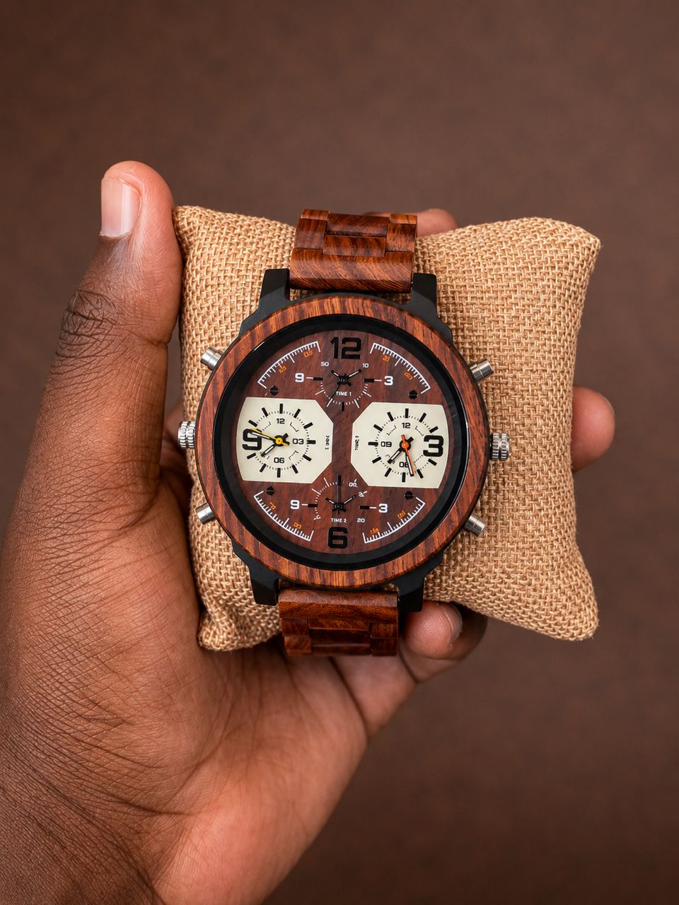 Detailed wooden watch with natural grain and twin subdials