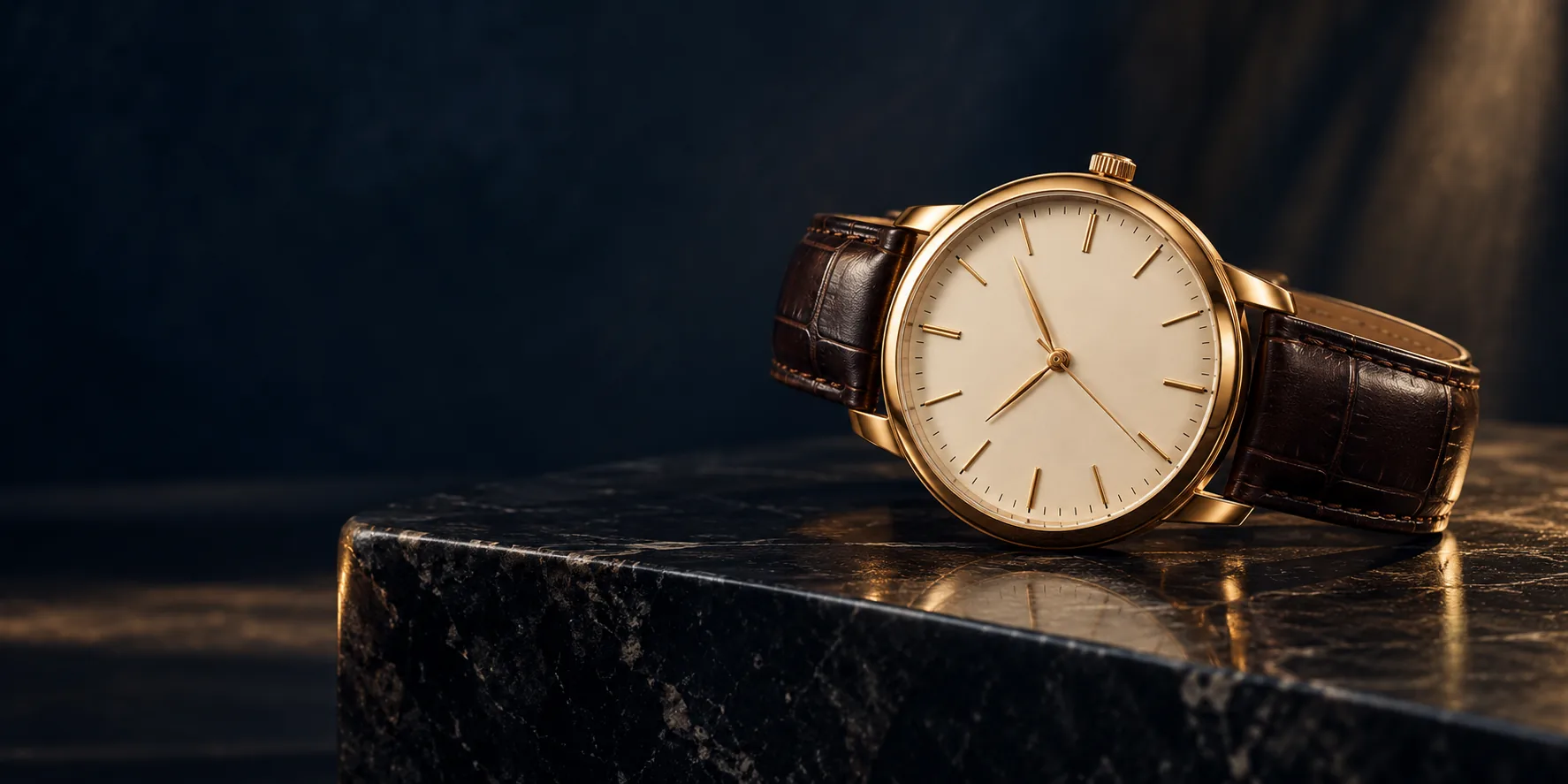 Classic gold-tone watch with an ivory face and brown leather strap
